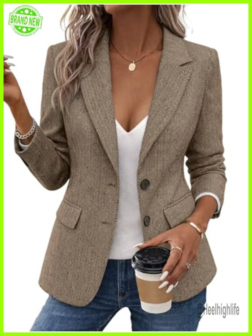 Herringbone Tweed Blazer Jacket Notched Lapel Fully Lined Work Office Coat